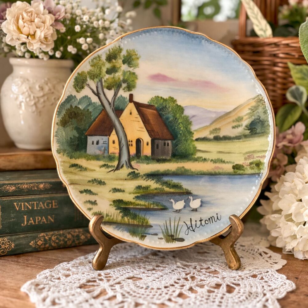 Vintage Hand Painted Japan Cottage Landscape Plate Scenic‎ Lake Swans Decor